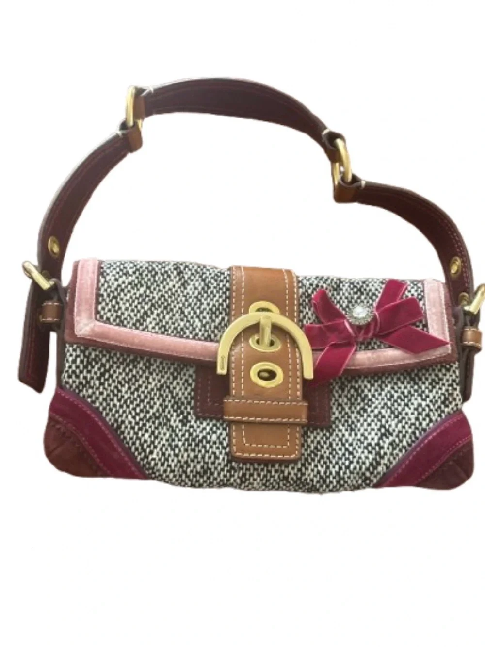 Coach Tweed Soho Demi Flap Shoulder Bag 8F01 Y2K Suede Bow Crystal